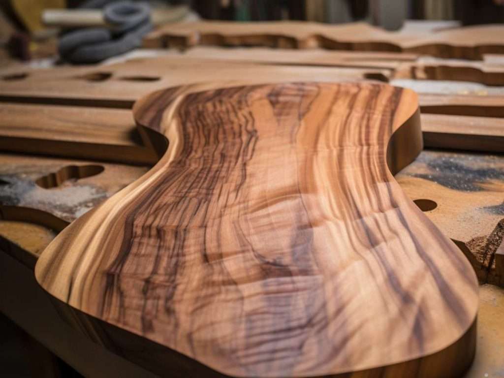 mahogany tonewood piece in luthiers workshop