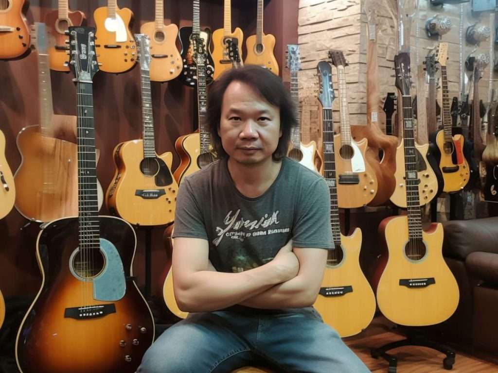 asian guitarist in guitar shop